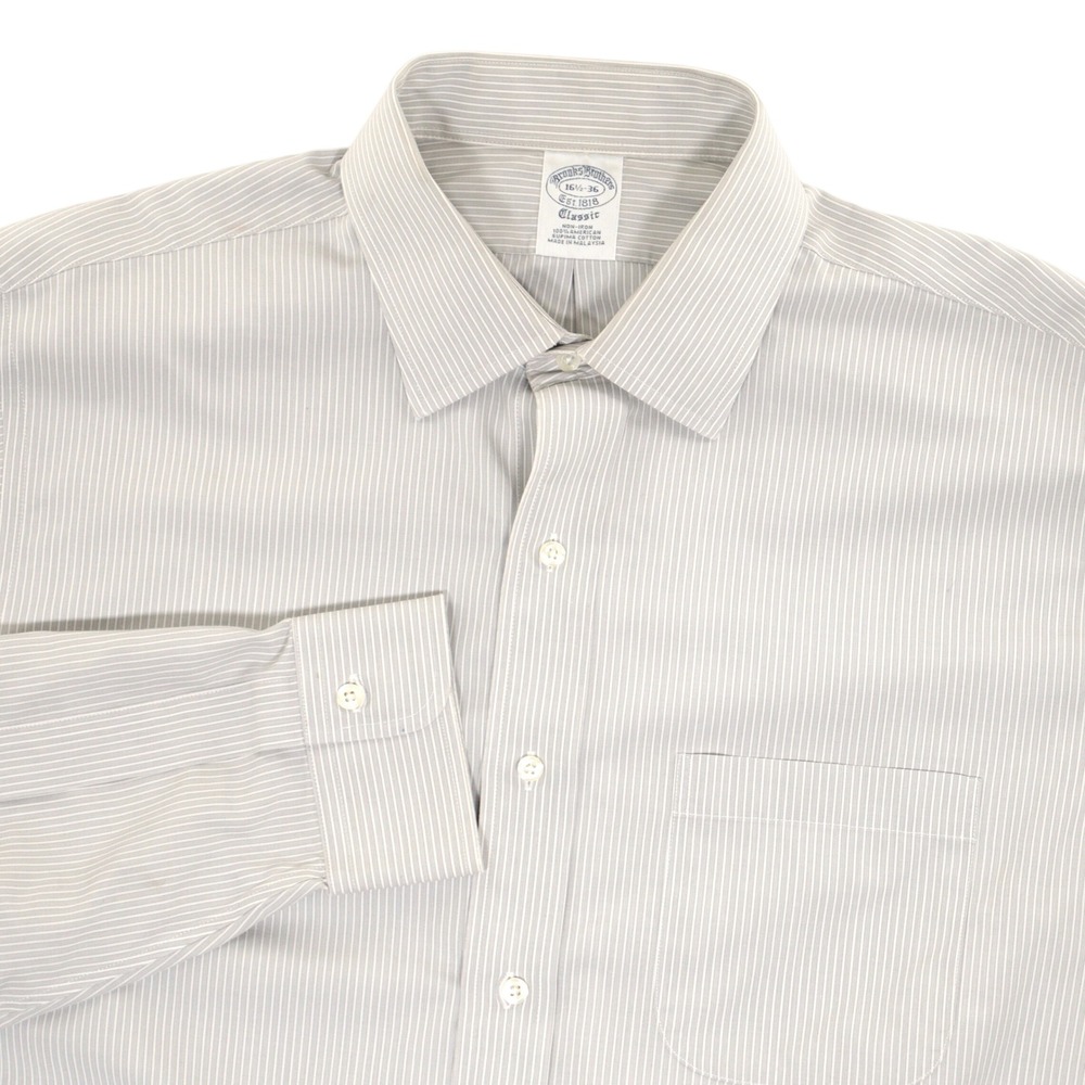Brooks Brothers Shirt Men 16.5 36 Classic Fit Striped No-Iron Grey Supima Cotton